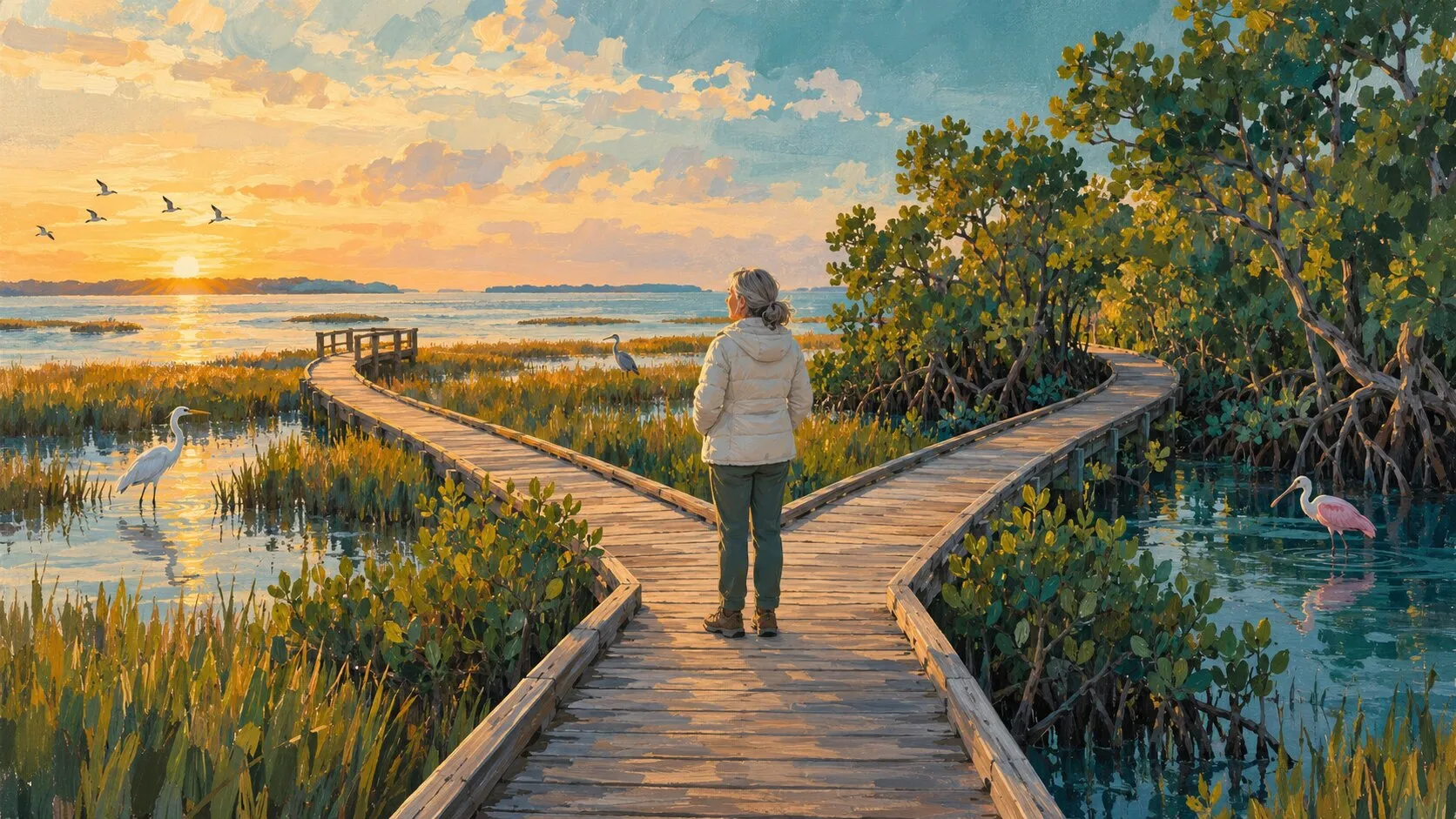 An older woman standing where a boardwalk splits in two through the Merritt Island marshes on a winter morning