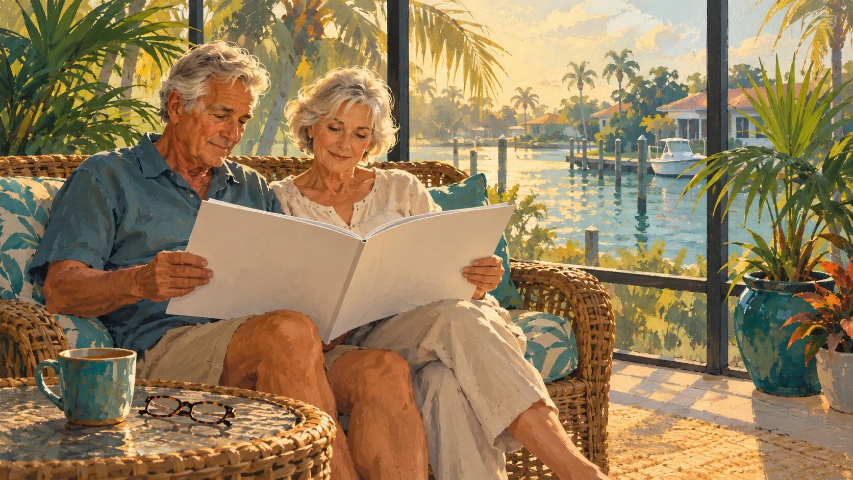 A retired couple reading a thick plan booklet together on a screened lanai overlooking a canal