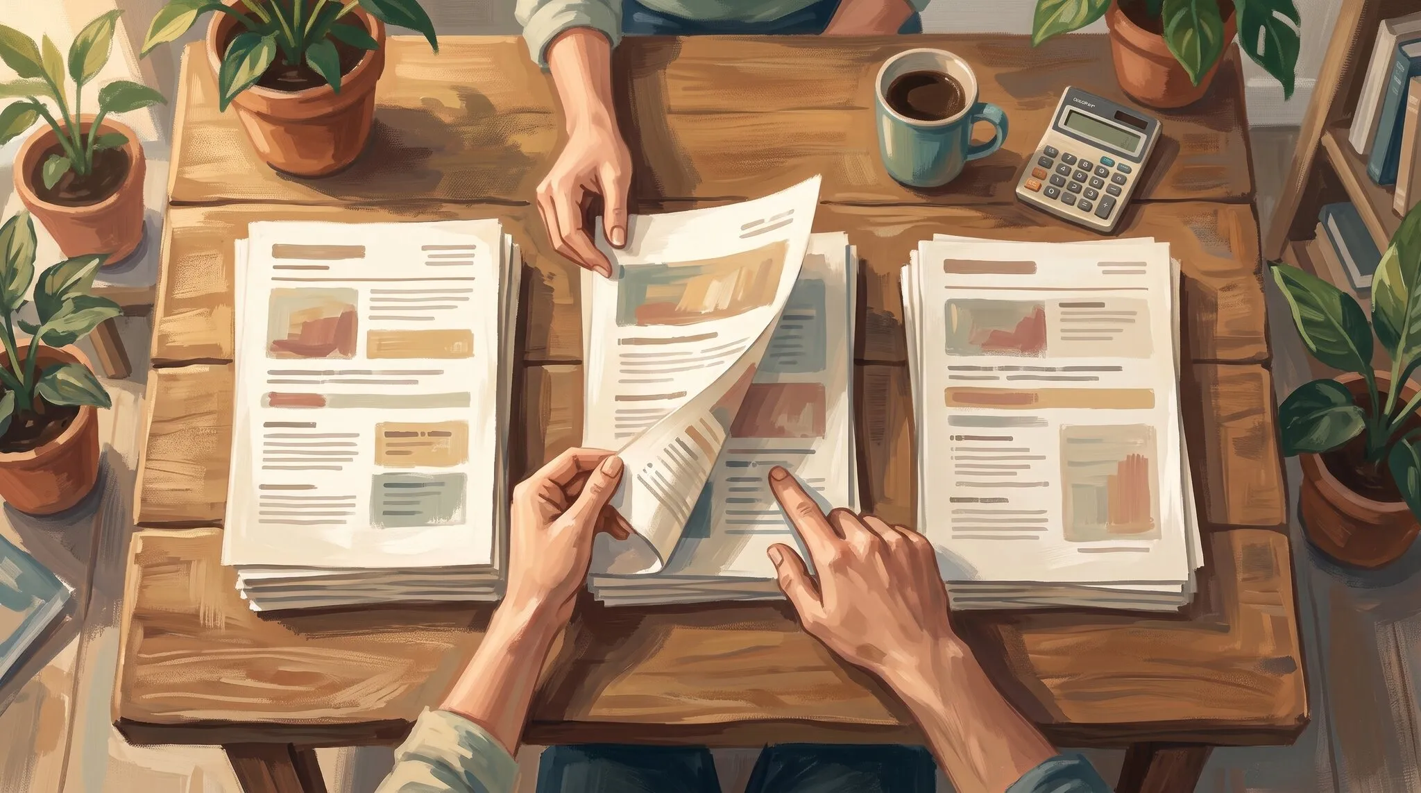 Two people comparing three stacks of insurance quote pages side by side on a wooden table