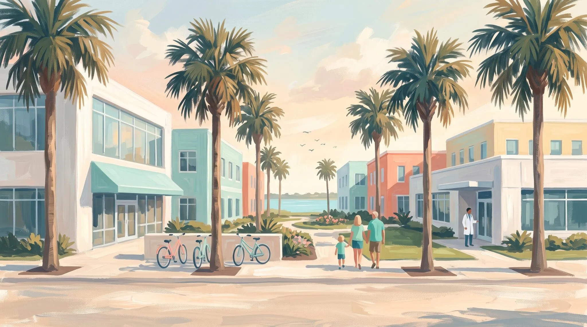A pastel Florida hospital campus on a palm-lined street, with the lagoon in the distance