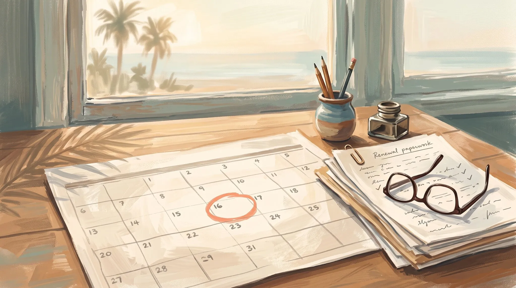 A desk calendar with one date circled in coral beside a stack of renewal paperwork and reading glasses