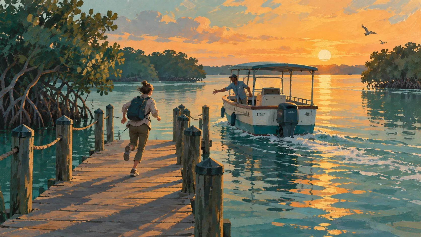 A person with a backpack running down a boardwalk toward a water taxi pulling away from the dock at sunset