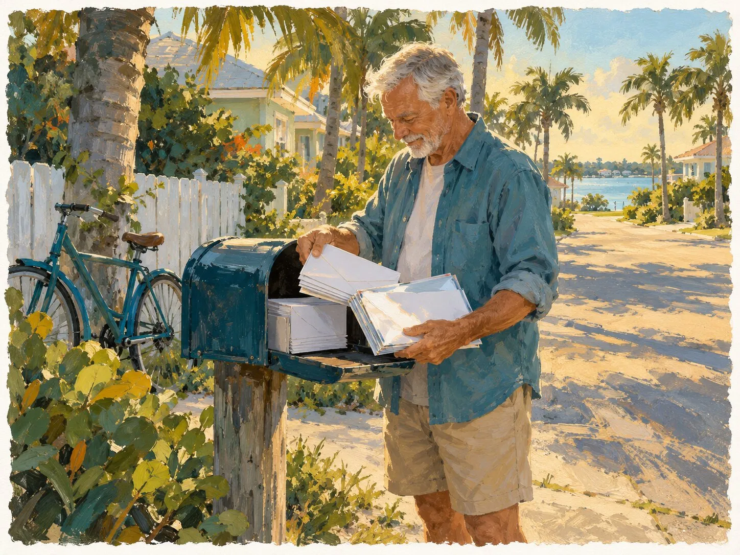 Painterly illustration of a retired man at a curbside mailbox on a palm-lined Brevard street in October, pulling out a thick stack of envelopes and mailers
