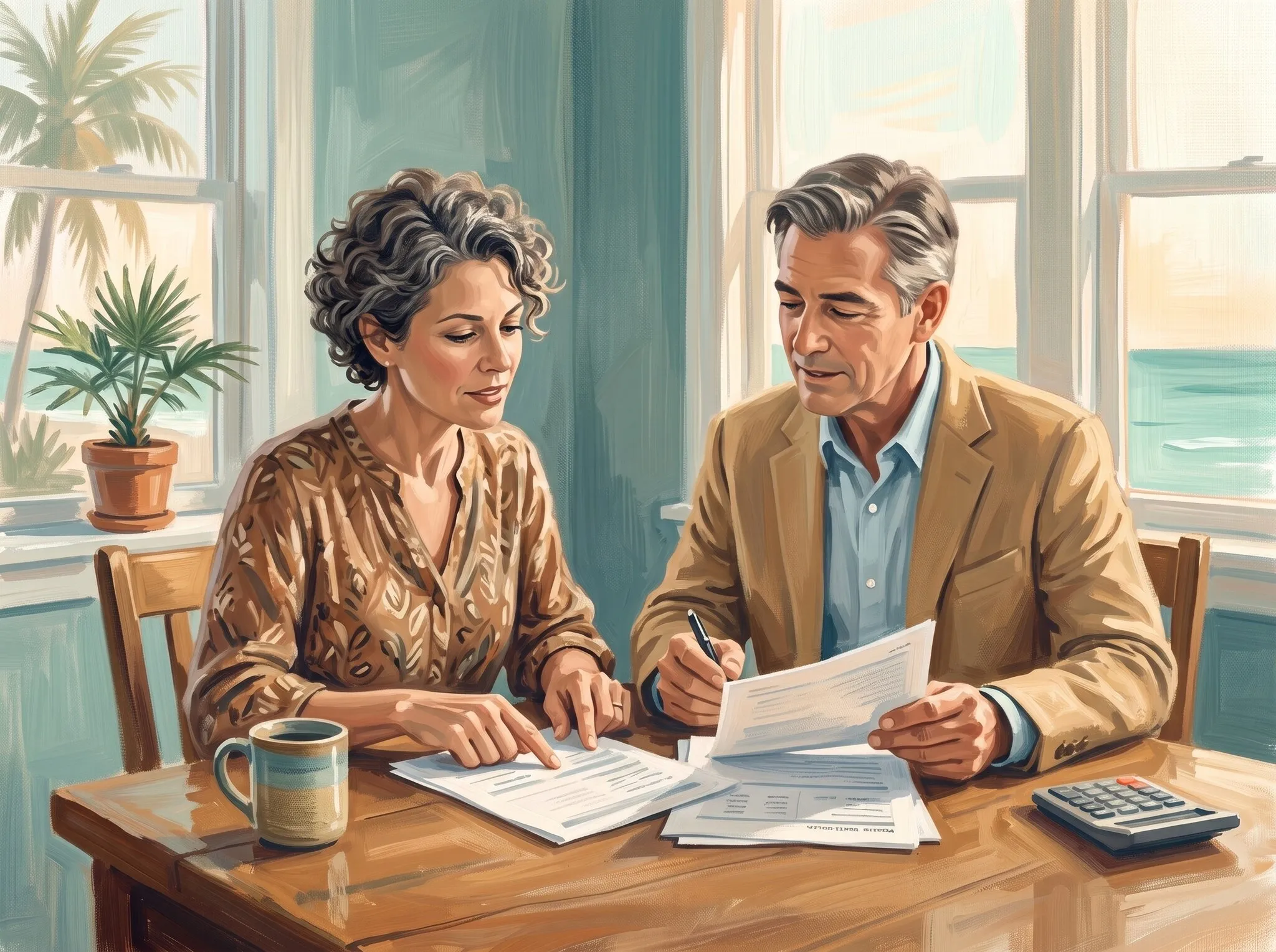 Painterly illustration of a Florida small-business owner and a benefits advisor reviewing group health insurance quotes at a wooden table, coastal light through the window