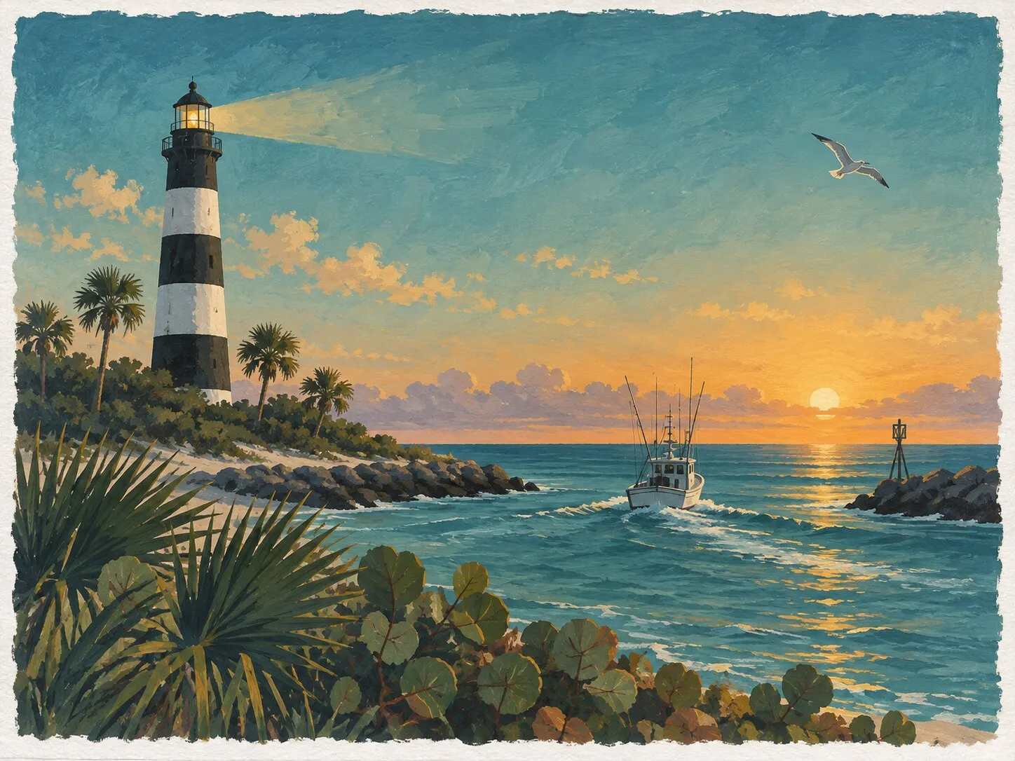 Painterly illustration of the Cape Canaveral lighthouse still lit at first light as a small fishing boat heads out through the inlet