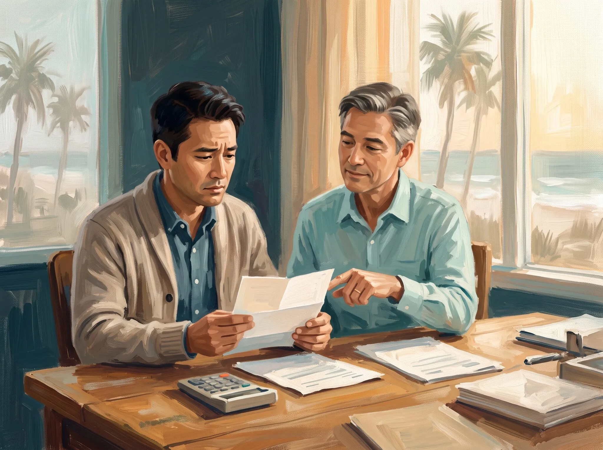 Painterly illustration of a business owner reading a renewal quote while an advisor points out a line on the page, coastal light through the window
