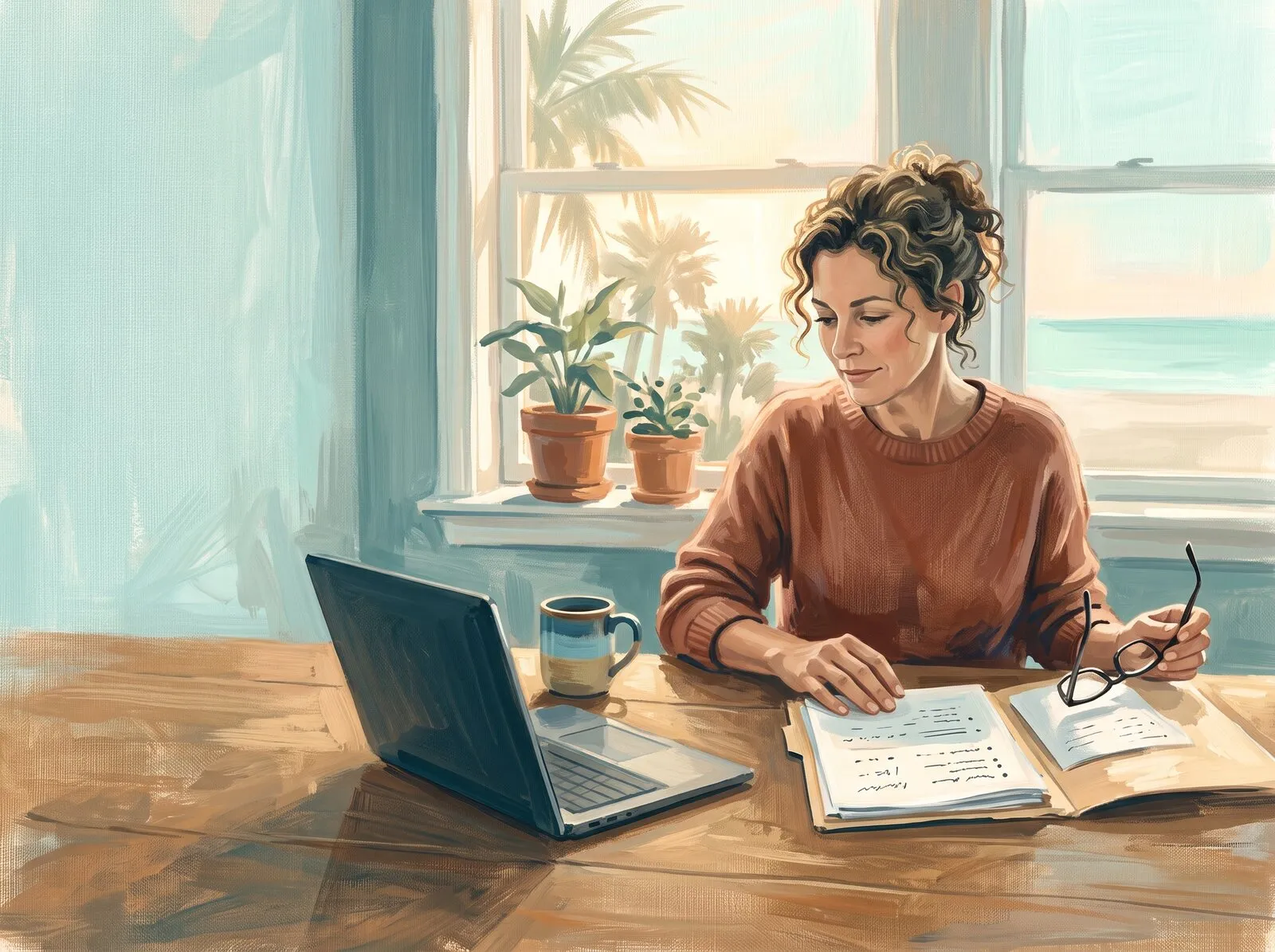 Painterly illustration of a Florida small-business owner reviewing benefits paperwork at a sunlit desk