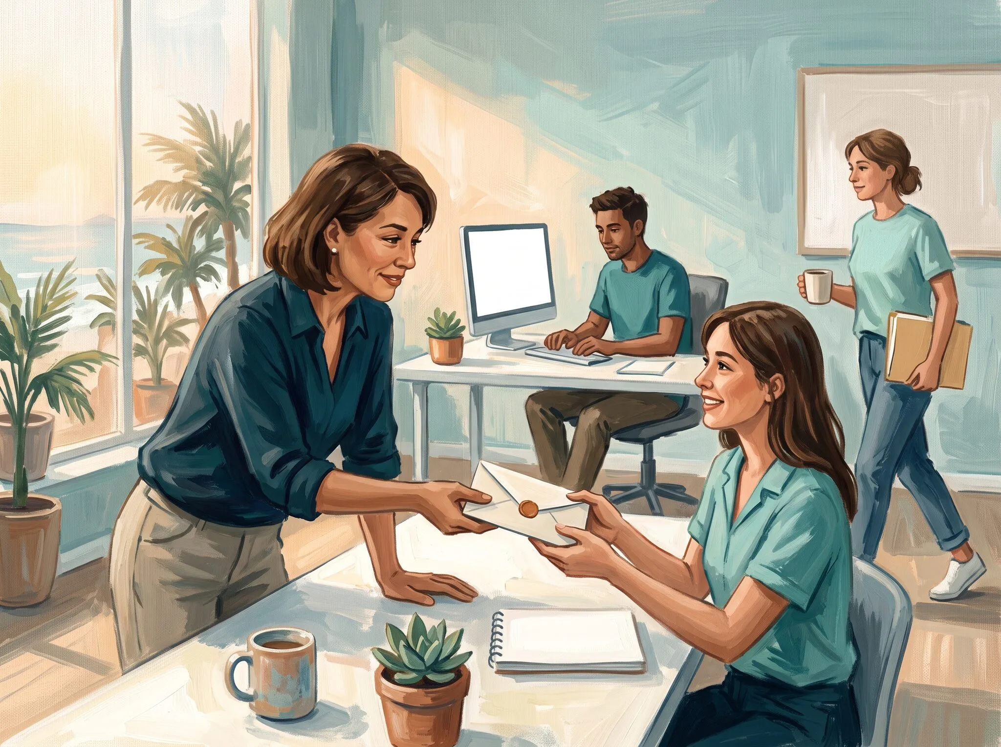 Painterly illustration of a small-business owner handing a benefit envelope to an employee while the rest of the team works in a bright coastal office