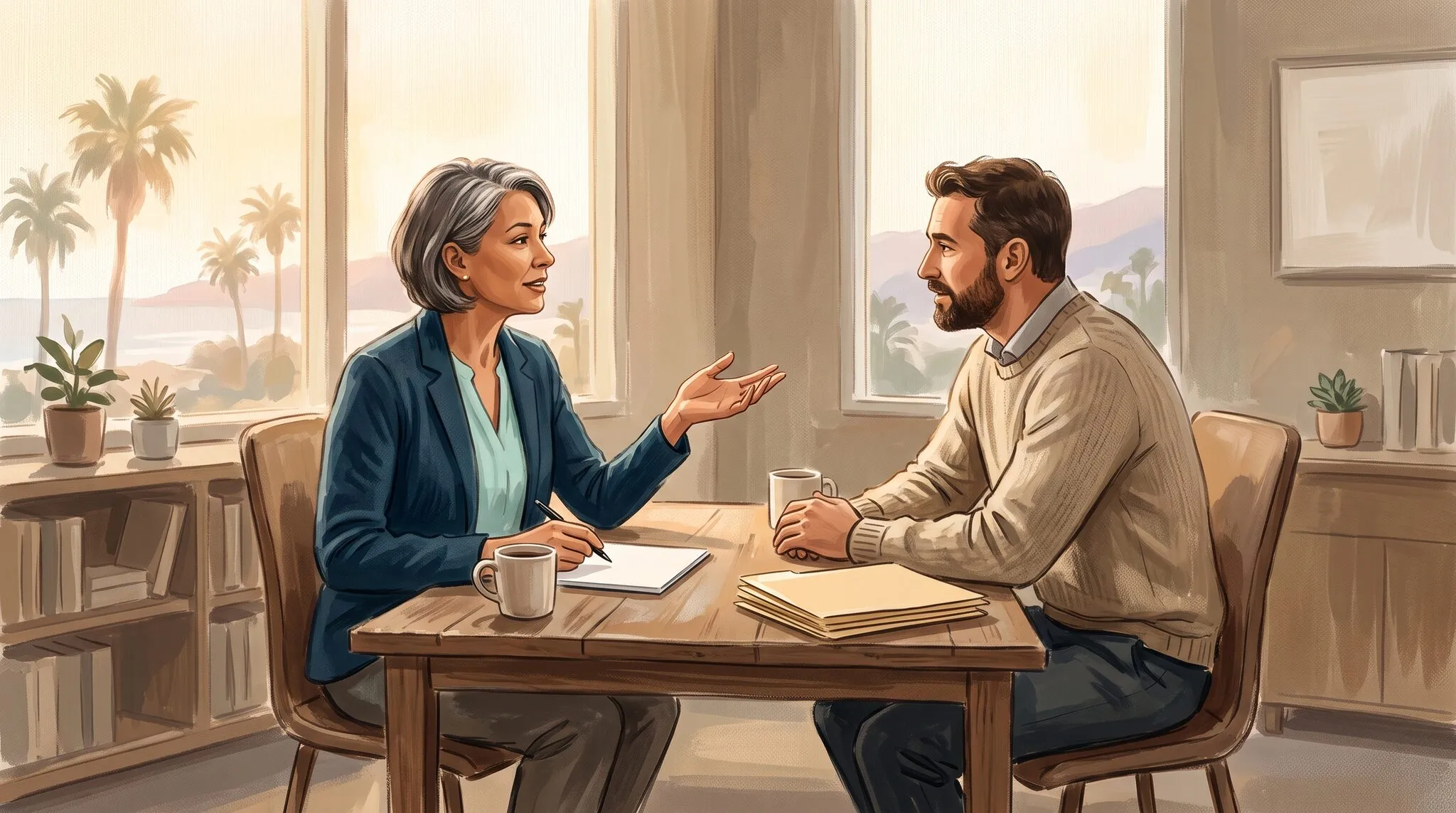 An advisor and a business owner talking through coverage options across a table