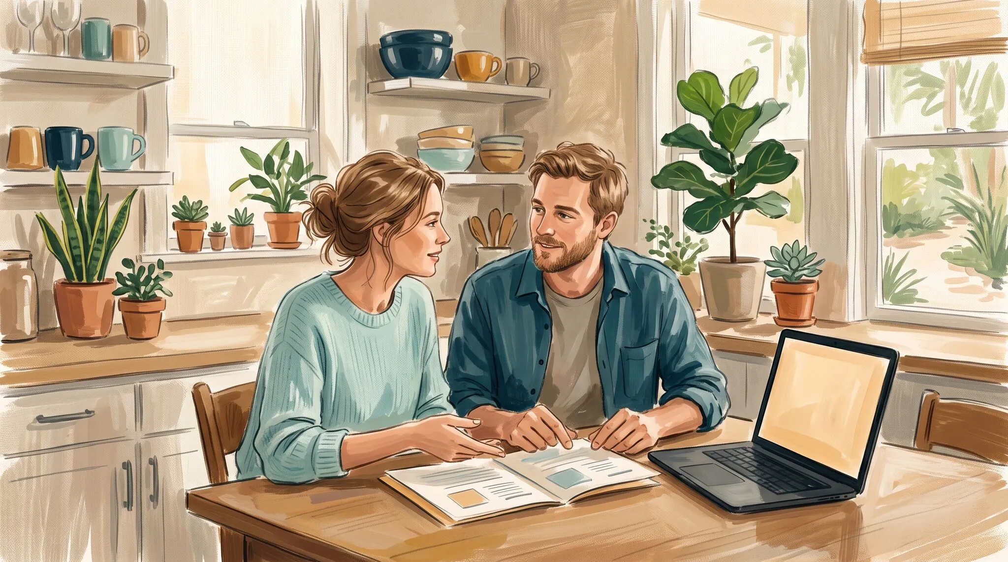 A couple at their kitchen table comparing plan brochures next to an open laptop