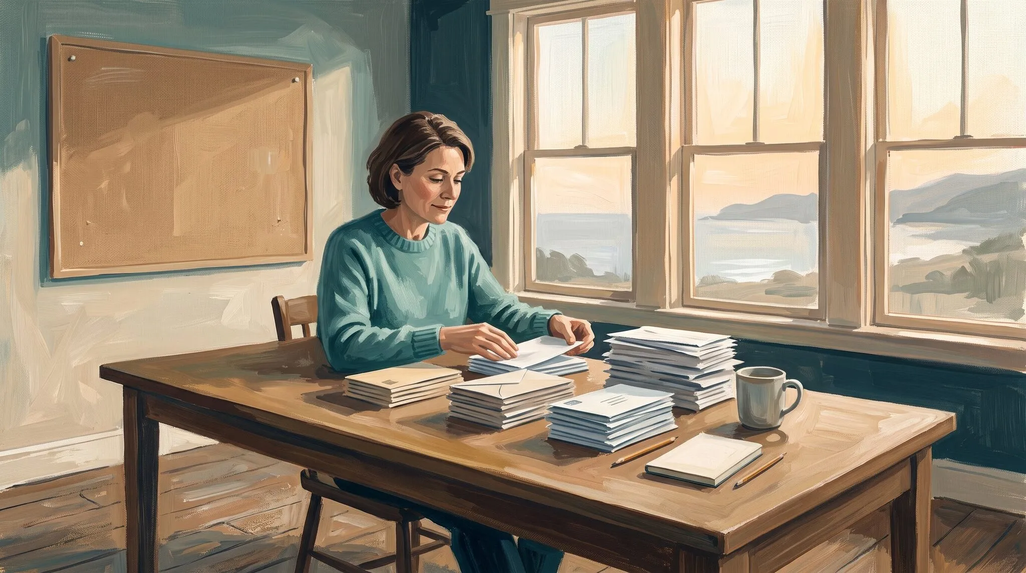 An employer sorting benefit envelopes into separate stacks at a sunlit table
