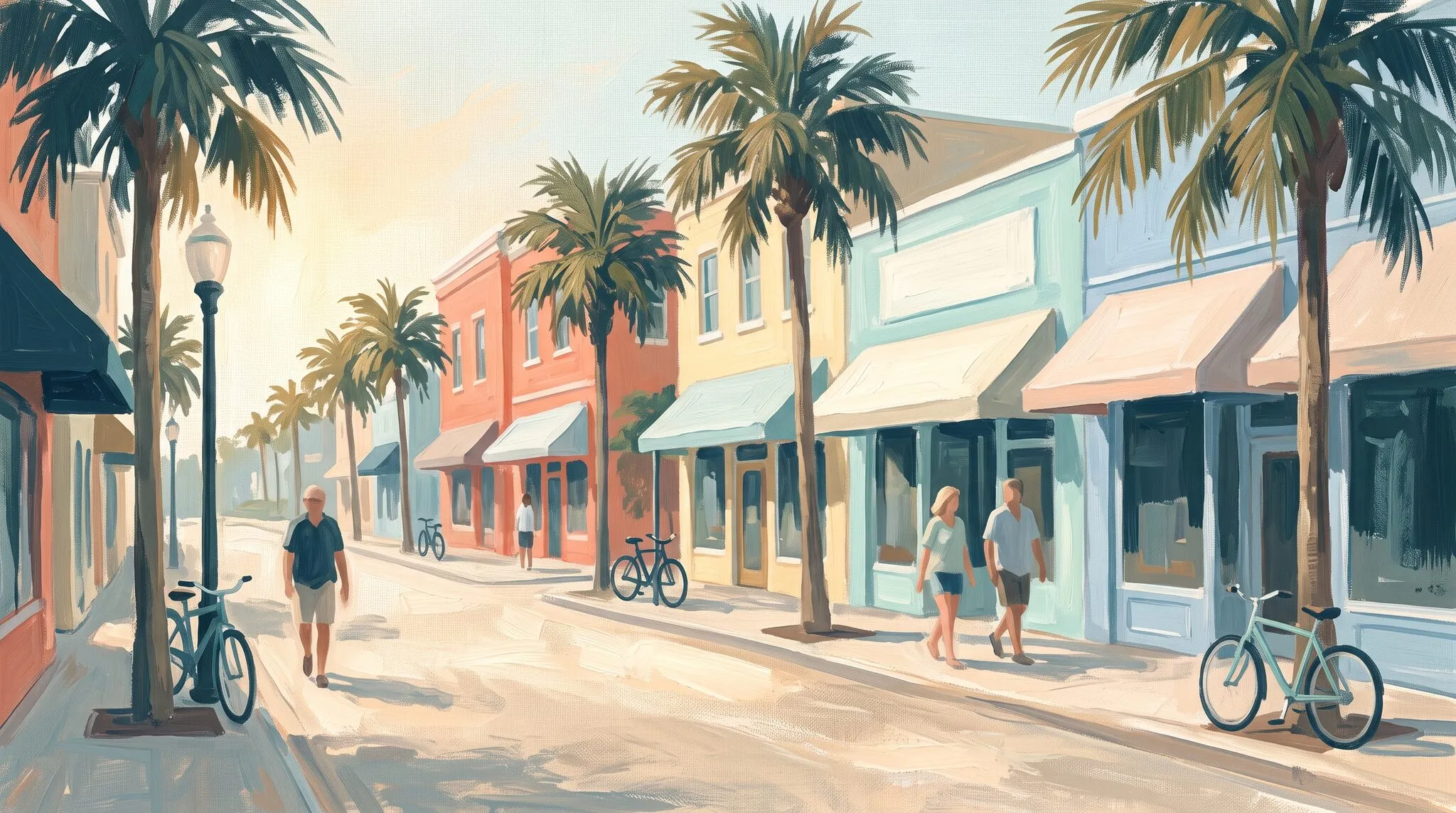 A sunlit Florida main street of small storefronts under palm trees