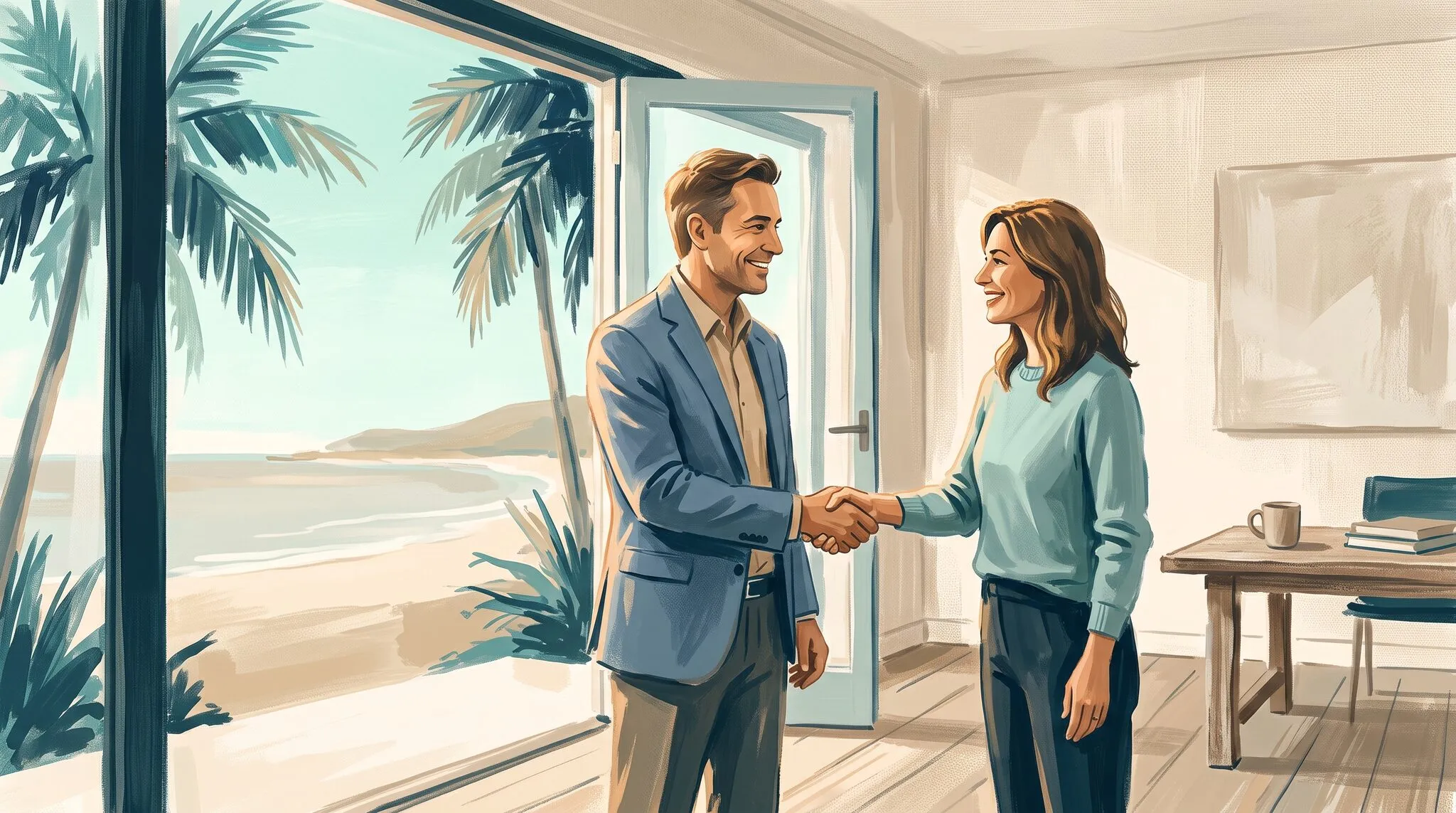 An advisor and a business owner shaking hands in a bright coastal office