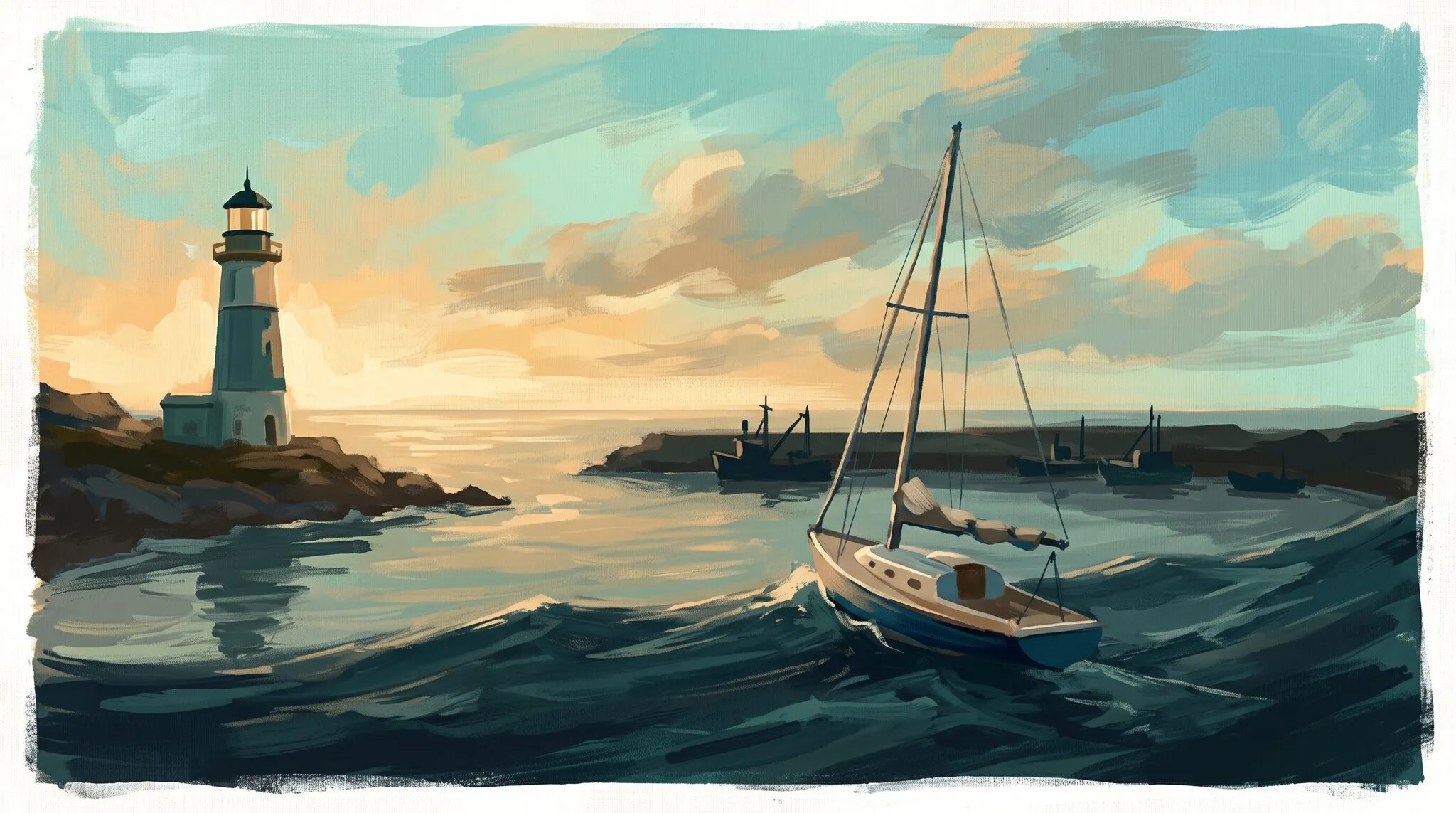 A small sailboat riding a rising swell outside a calm harbor at dawn