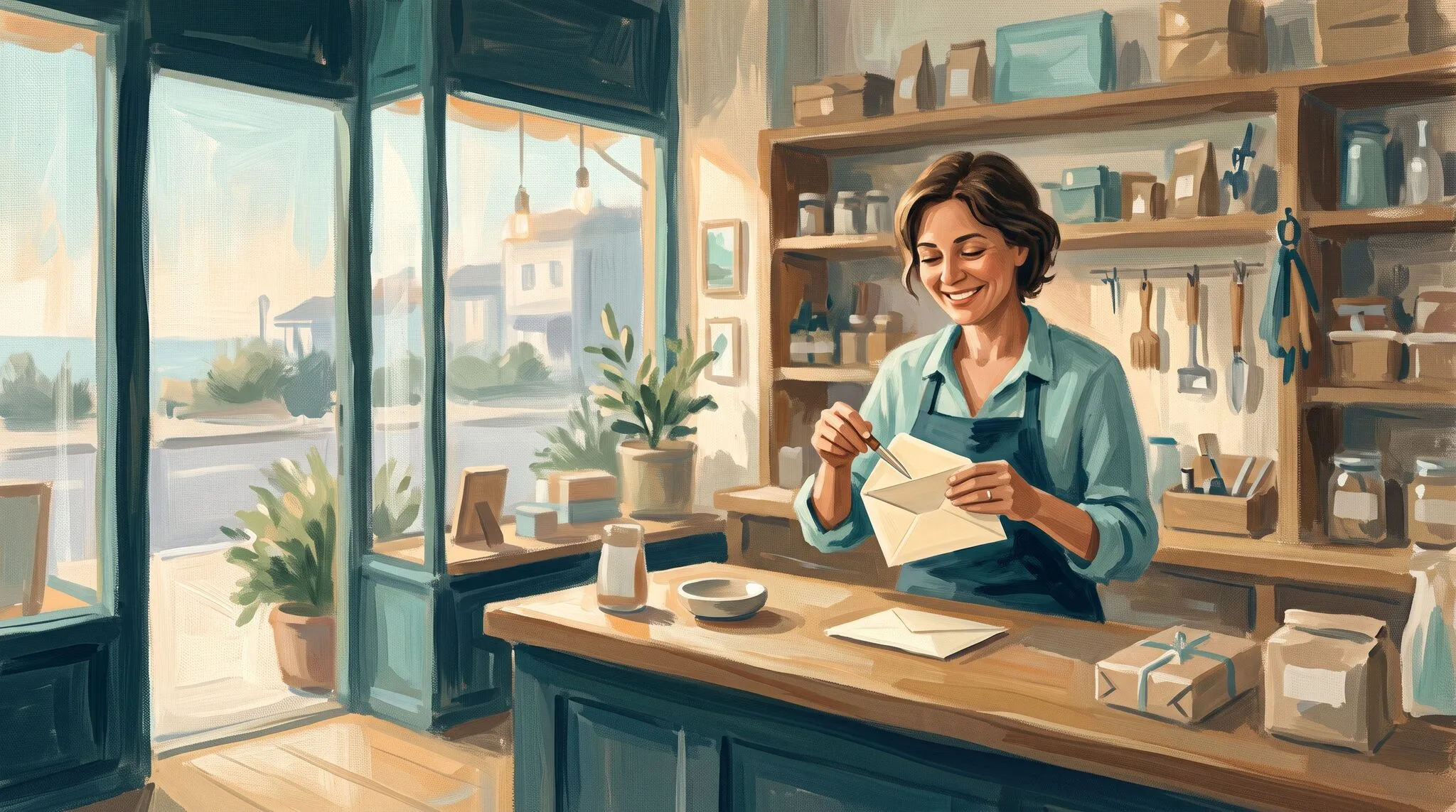 A shop owner smiling as she opens an envelope at her counter