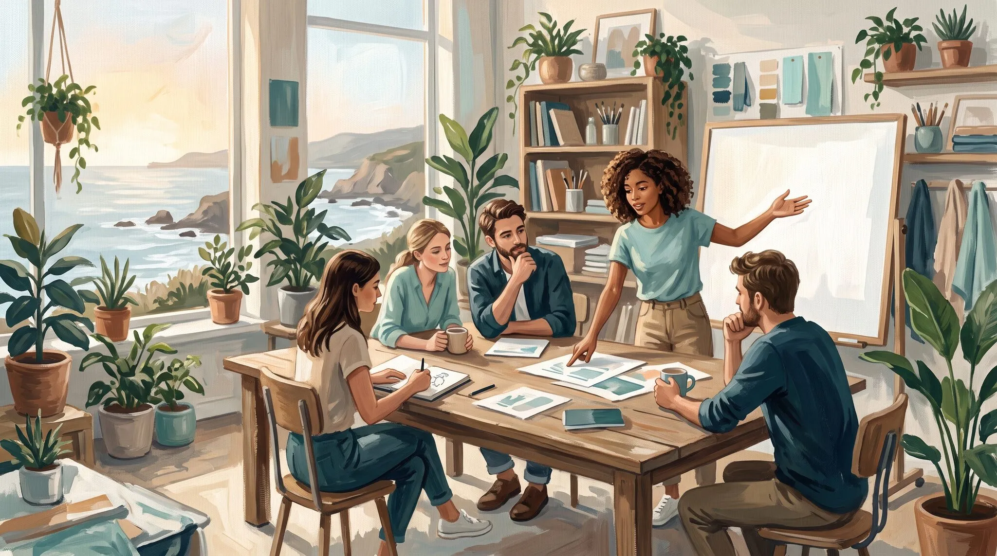 A small team comparing options around a work table
