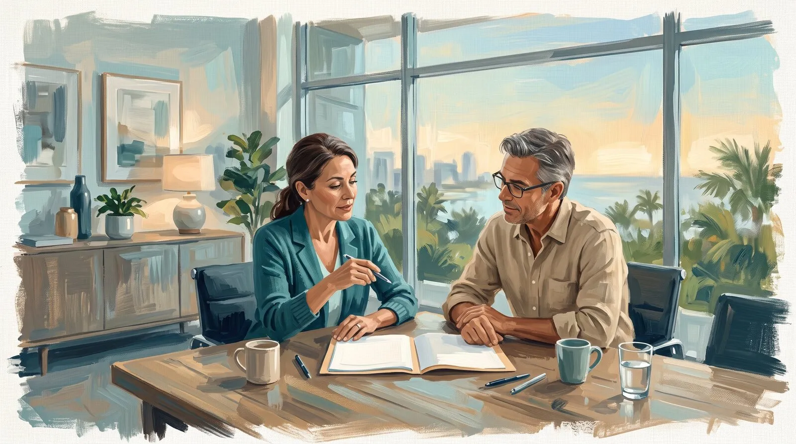 A benefits broker and a small-business owner reviewing renewal options across a boardroom table