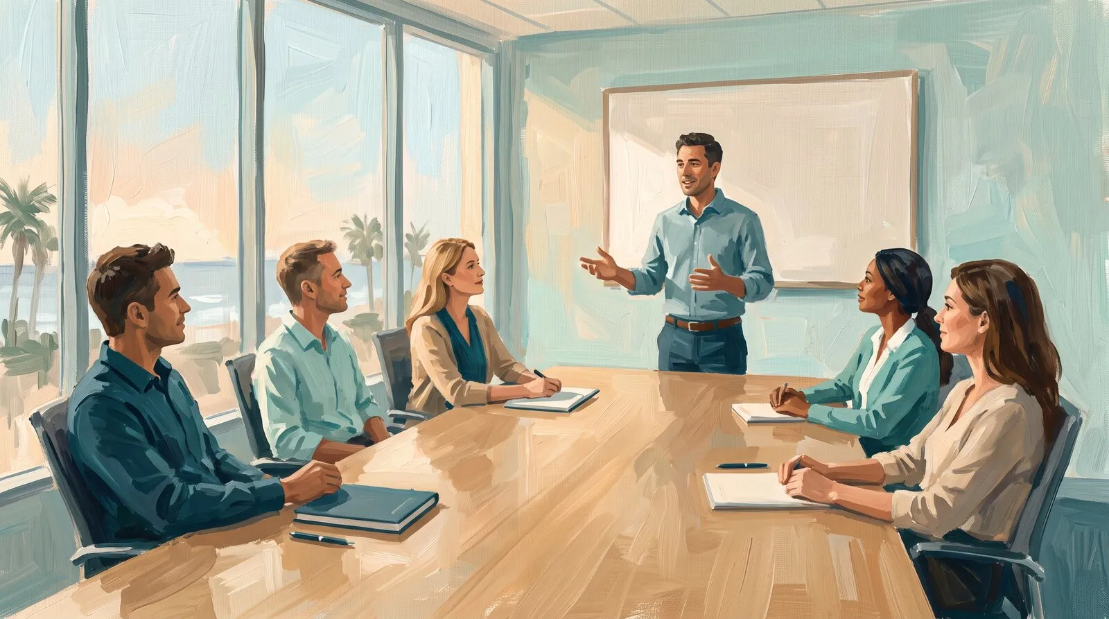A presenter walking employees through plan options at an open-enrollment meeting