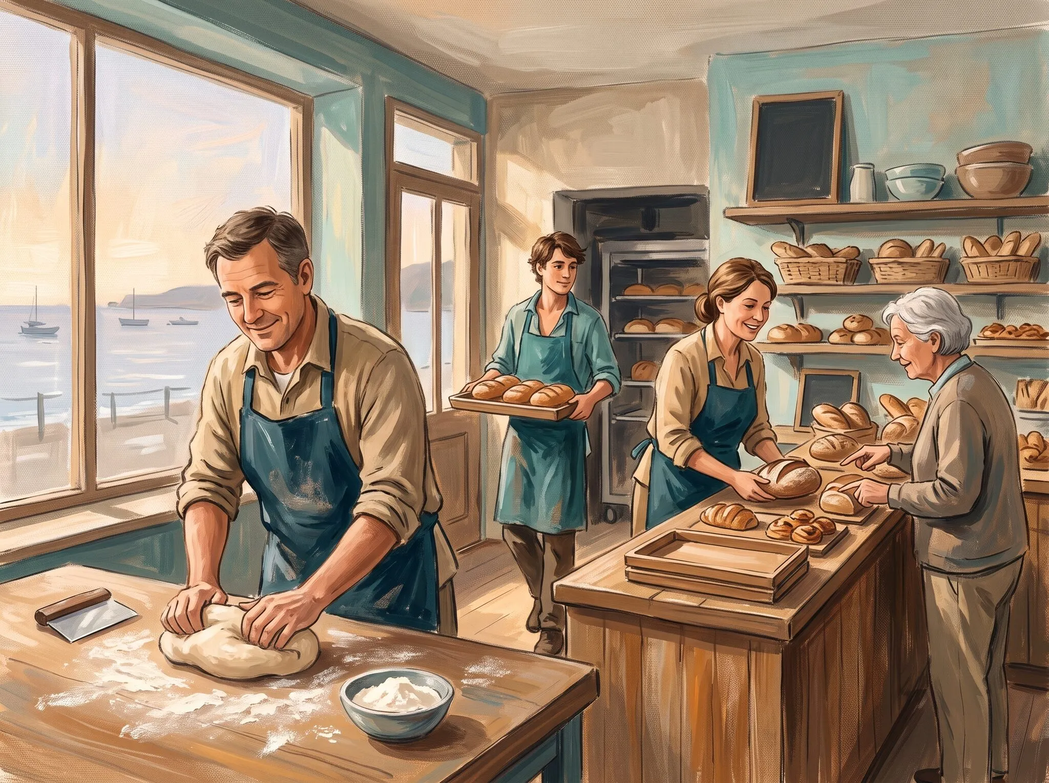 Illustration of three bakers at work in a small seaside bakery, serving a customer at the counter